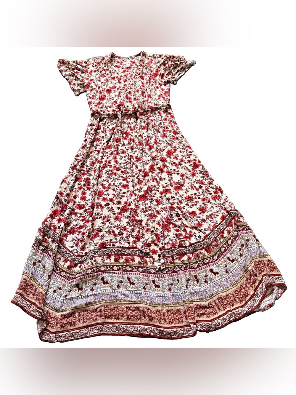 Women’s Floral Boho Maxi Dress Red Cream V Neck Tie Waist Rayon Approx M